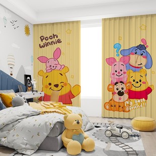卡通可爱印花维尼熊全遮光儿童房卧室遮阳窗帘飘窗帘挂钩打孔长帘