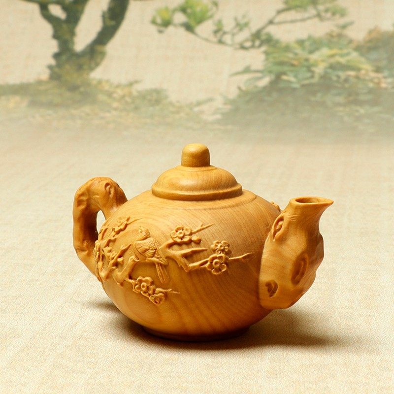 黄杨木雕刻梅花茶壶摆件实木雕刻手把件工艺品原木把玩花鸟收藏品