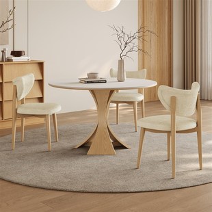 原木风实木餐桌圆桌日系2025新款小户型洽谈奶油窈窕白色岩板餐桌