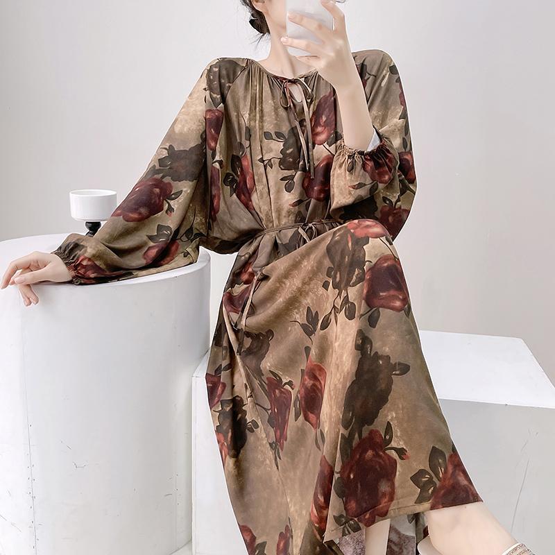 绵绸睡裙女春秋长袖加长裙高级感棉绸睡衣可外穿洋装家居服套装