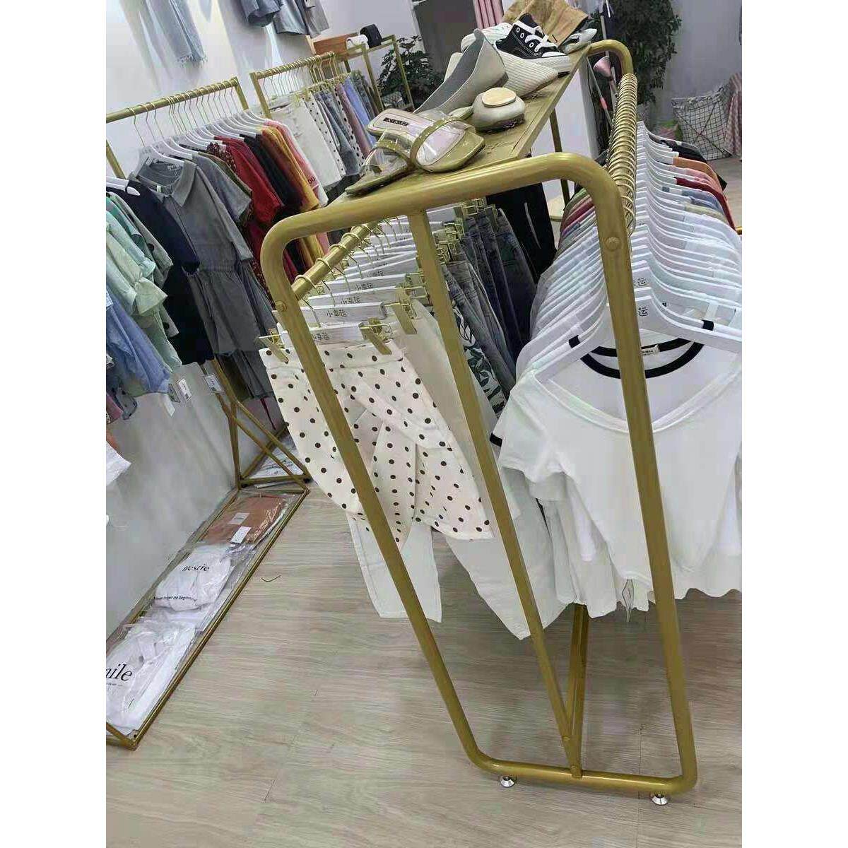 服装店衣服展示架铁艺货架落地式金色双排中岛架女装专用挂衣架子