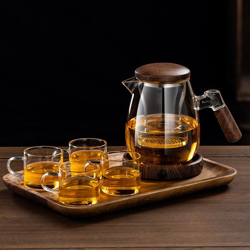 玻璃泡茶壶2024新款加厚耐高温茶壶单壶茶水分离胡桃木侧把壶套装