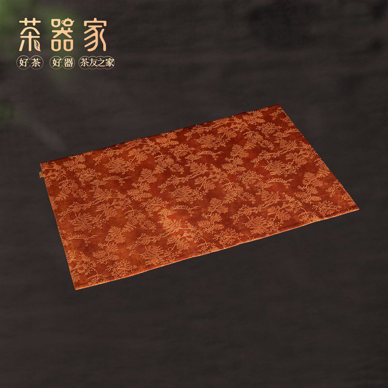 茶器家 慢蓝蕨草花香云纱茶席 红色中式茶旗真丝印花双面茶铺
