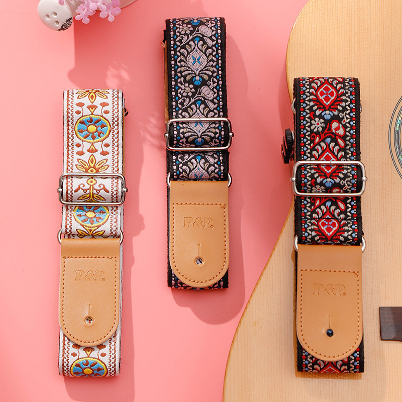 吉他背带女生民谣琴带扣款棉质刺绣木电吉他带子肩带男女通用民族