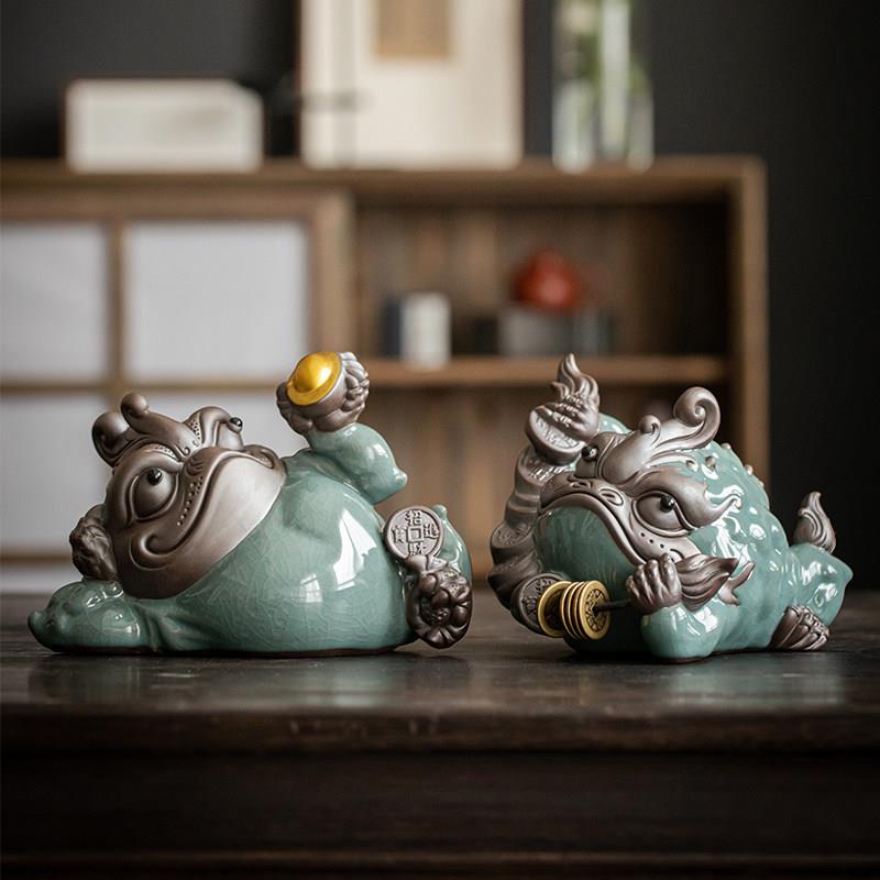 哥窑招财金蟾摆件茶宠精品可养大号紫砂旺财蟾蜍创意茶玩家居摆饰