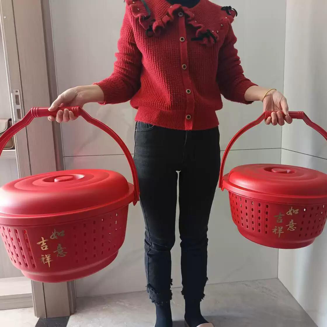 拜拜手提篮子拜神高档双层带盖加厚塑料篮圆篮红色喜庆结婚喜事篮