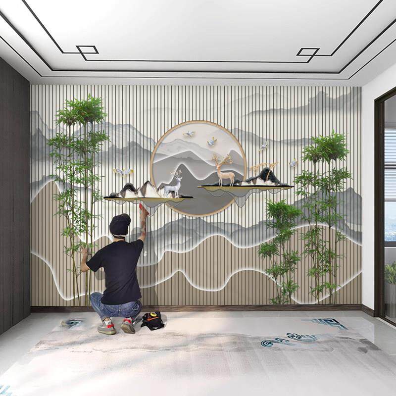 新中式电视背景墙贴壁纸美容院前台茶室墙布立体会所竹子壁纸壁画