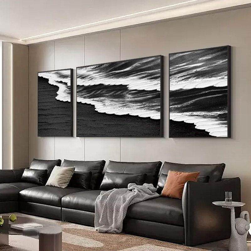 黑白灰海浪客厅装饰画极简沙发背景墙装饰画抽象落地画高级感挂画