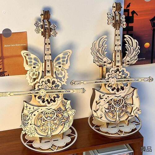 天使之翼小提琴八音盒积木拼装摆件益智手工音乐盒送男女生日礼物
