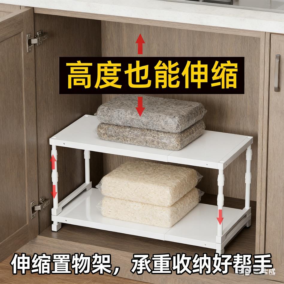 可调节橱柜内分层置物架四面可伸缩储物架子碳钢厨房下水槽隔板托