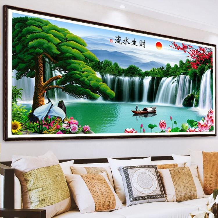 十字绣新款线 线绣客厅大幅风景山水画 画迎客松流水生财自己绣手