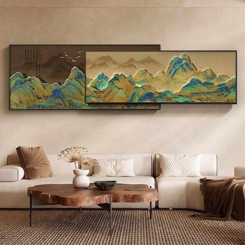 千里江山图新中式客厅装饰画横幅高级感茶室沙发背景墙挂画山水画