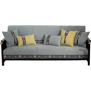 现代中式实木沙发垫四季通用纯色防滑坐垫高档客厅123组合套罩巾