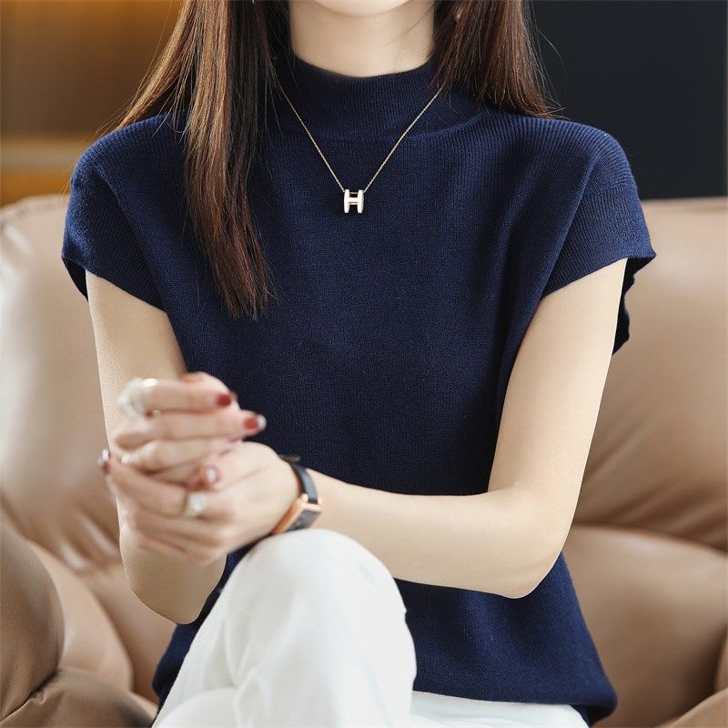 半高领精纺羊毛短袖t恤女薄款针织衫2022春秋新款无袖背心打底衫