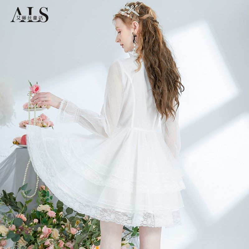 艾丽丝2024秋季新款蕾丝波点甜美白色连衣裙女半高领短款黑色裙子,女装/女士精品,连衣裙,淘宝优惠券,粉丝福利购,淘宝优惠卷