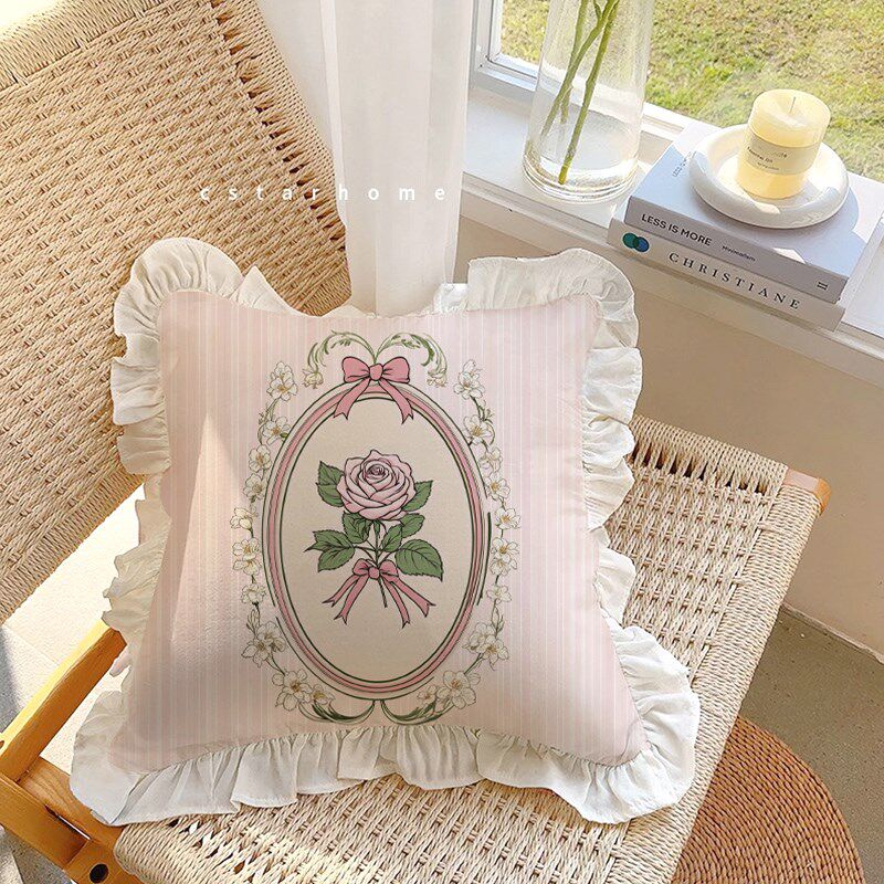 粉色抱枕套荷叶花边沙发靠垫办公室靠枕套芯卧室水洗棉护腰靠垫