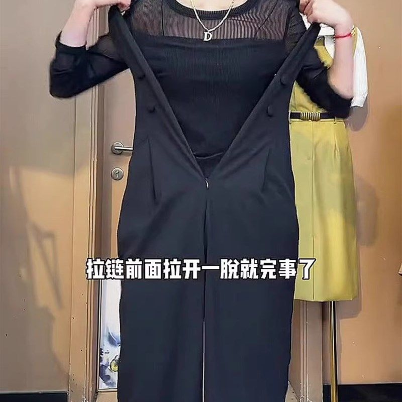 时尚黑色西装背带裤女西装春秋新款百搭收腰显瘦高腰阔腿连体长裤