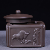 烟灰缸家用客厅带盖防飞灰创意个性 牛气冲天紫砂烟缸办公陶瓷摆件