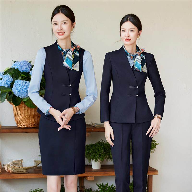 珠宝店美容院职业装马甲套装裙春秋空姐前台气质接待中国风工作服