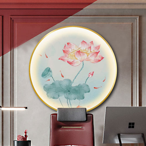 圆形新中式九鱼荷花LED灯带晶瓷装饰画客厅玄关入户背景墙挂画