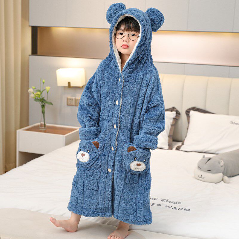冬季儿童睡袍女童男童提花珊瑚绒中大童加长加厚法兰绒家居服睡衣
