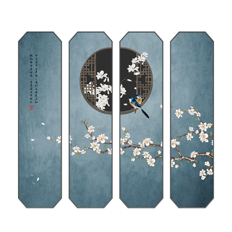 新中式客厅装饰画中古国风沙发背景墙四联画茶室挂画餐厅花鸟壁画