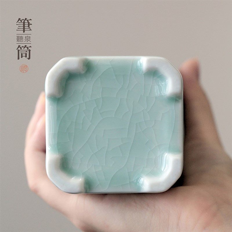 问心堂听泉青瓷笔筒陶瓷毛笔缸汝窑简约笔筒收纳书法毛笔桌面摆件