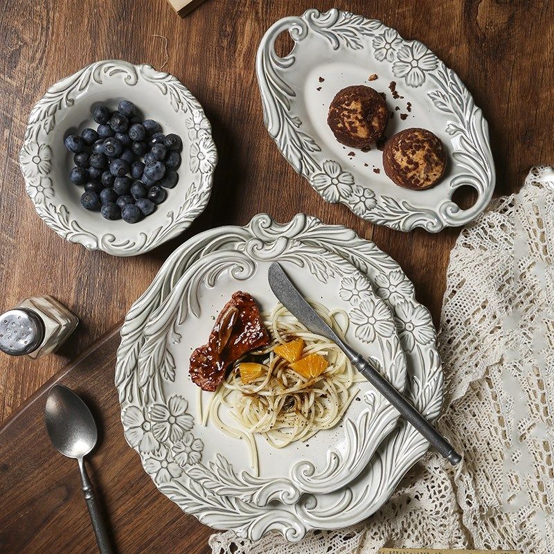 高级感盘子陶瓷西餐牛排盘复古浮雕甜品盘水果碗米饭碗双耳盘套装,餐饮具,盘,淘宝优惠券,粉丝福利购,淘宝优惠卷