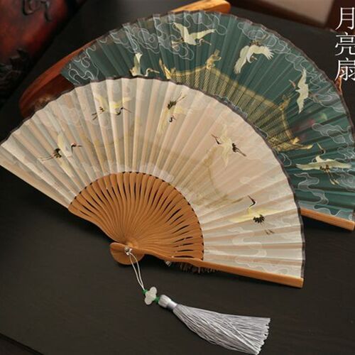 月亮扇 复古风6寸女扇折扇汉服扇夏季携带小扇子礼品扇仙鹤祥云