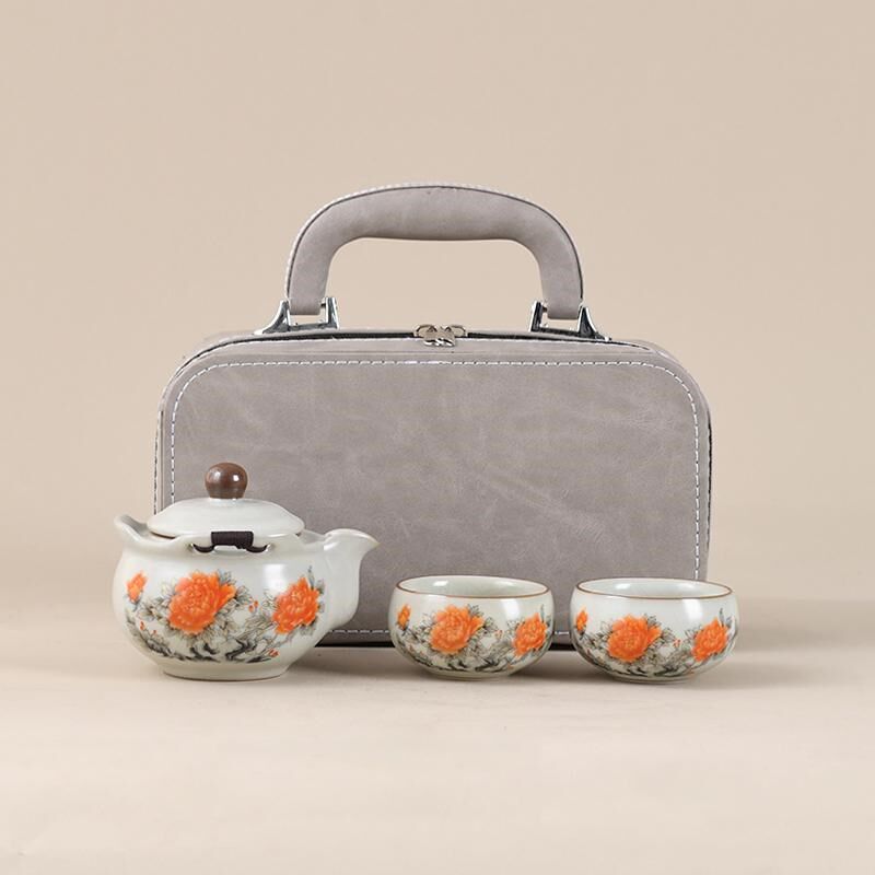 盆艺源汝窑旅行茶具套装手抓壶盖碗便携式功夫茶具一壶二杯快客杯