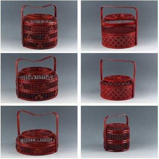 竹篮子圆形食盒提篮水果篮竹编制品家用送餐红色结婚礼篮竹粽子盒