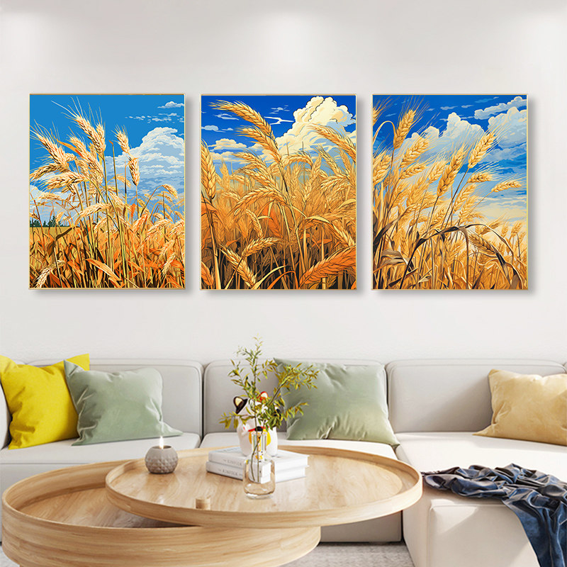数字油画diy手工填色画手绘高级感三拼开业大麦麦穗客厅装饰油画