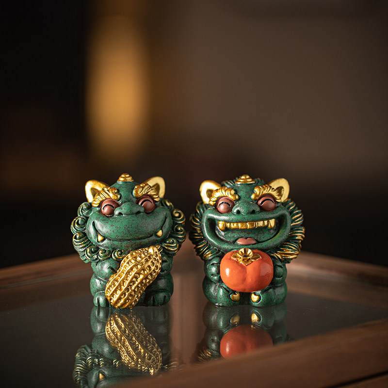 国潮风狮爷好柿发生瑞兽摆件一对创意可爱系家具办公桌面装饰礼品,家居饰品,装饰摆件,淘宝优惠券,粉丝福利购,淘宝优惠卷