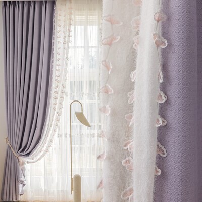 紫色提花全遮光60cm宽花边浮雕绣花纱布一体窗帘客厅落地飘窗定制
