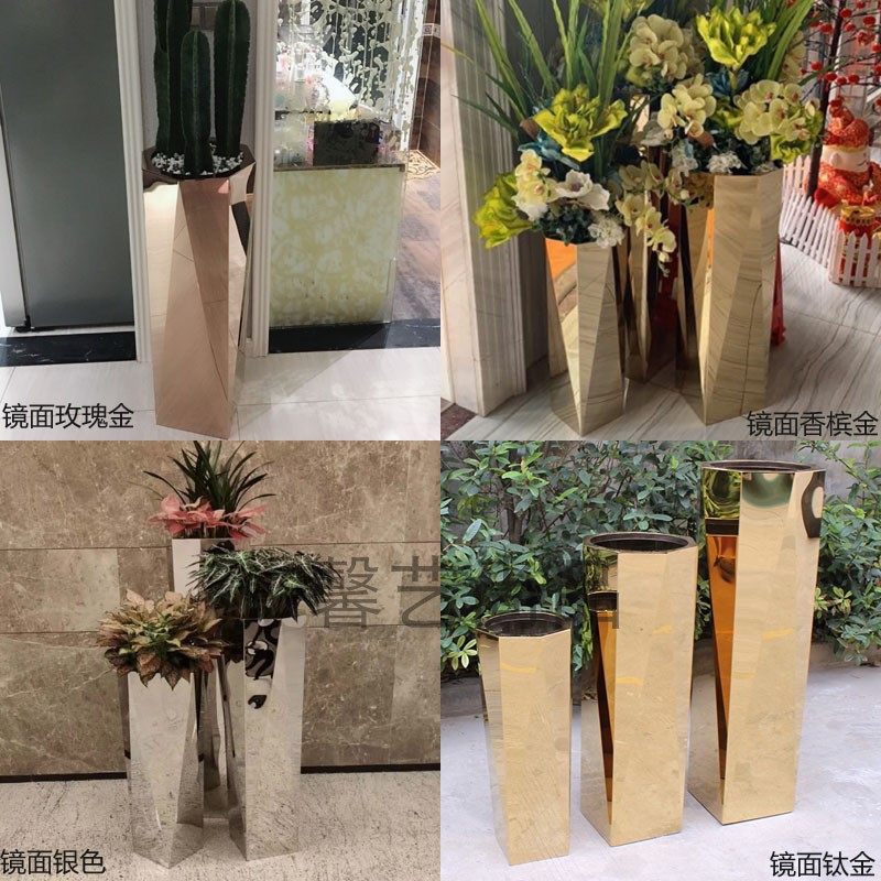 不锈钢花瓶 电镀时尚花盆落地金属花钵 艺术八角花器剧组道具花瓶