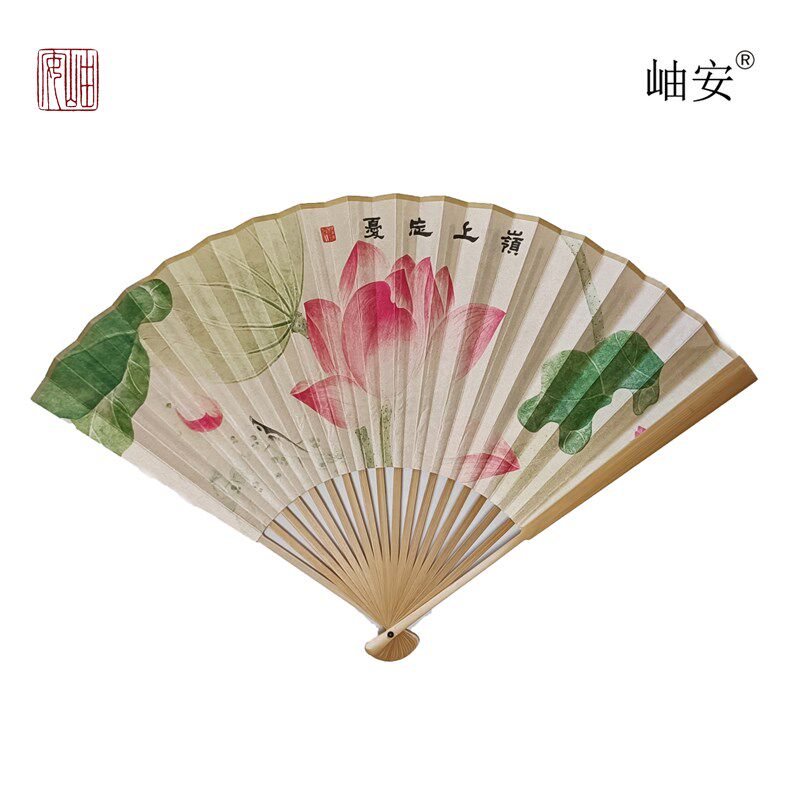 岫安折扇-礼品扇荷花扇9.5寸文人扇玉竹绢扇汉服活动舞蹈拍照用扇