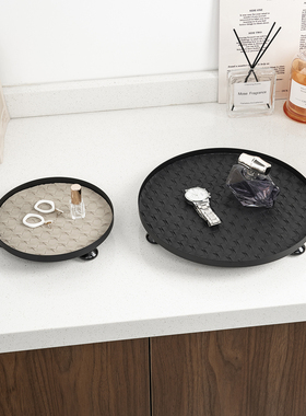 LIXADA北欧风轻奢圆形收纳盘多功能桌面置物盘藤纹皮革带木脚托盘