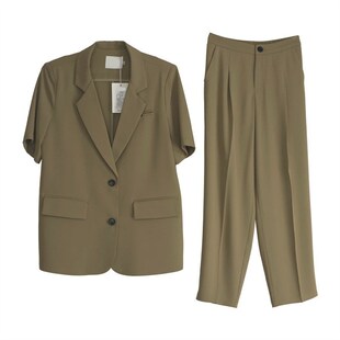 新款 女夏胖mm高端显瘦休闲九分裤 高级感职业短袖 套装 两件 西装 大码