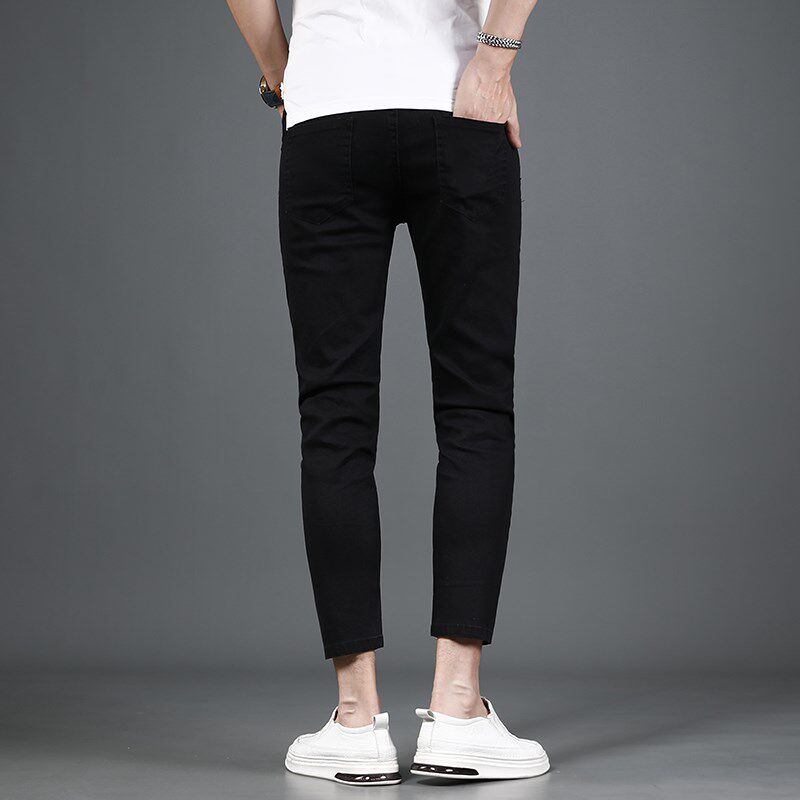 2024夏季新款黑色破洞九分牛仔裤男修身小脚轻薄款弹力男士裤子