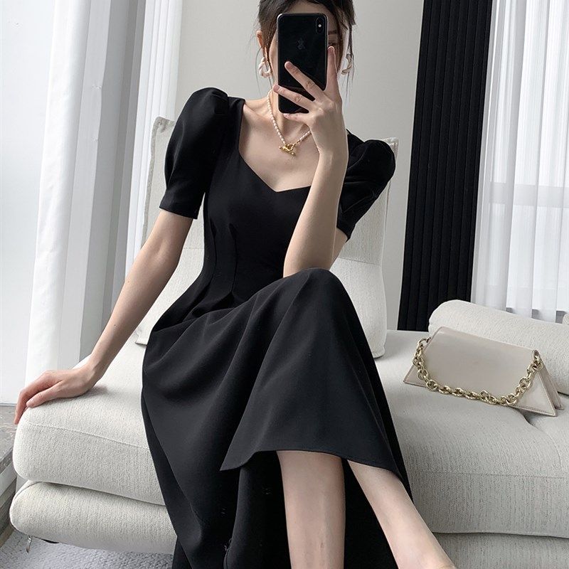 黑色连衣裙女2024夏季新款方领法式小礼服裙平时可穿宴会气质显瘦
