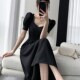 小礼服裙平时可穿宴会气质显瘦 方领法式 黑色连衣裙女2024夏季 新款