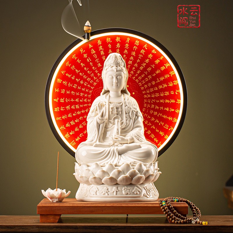 家用坐莲观音佛像禅意摆件陶瓷南海观世音菩萨实木供奉底座装饰灯