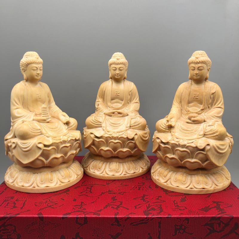 黄杨木雕三宝佛横三世佛像东方琉璃药师佛释迦摩尼佛西方阿弥陀佛