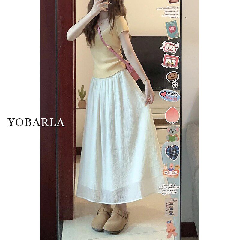 白色休闲半身裙女夏季薄款大码胖mm遮肚高腰显瘦梨形身材a字纱裙