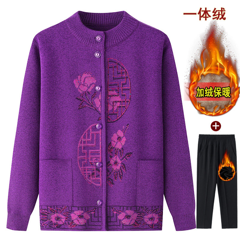 春秋奶奶毛衣开衫冬装老年妈妈加绒保暖外套上衣中老年女针织衣服