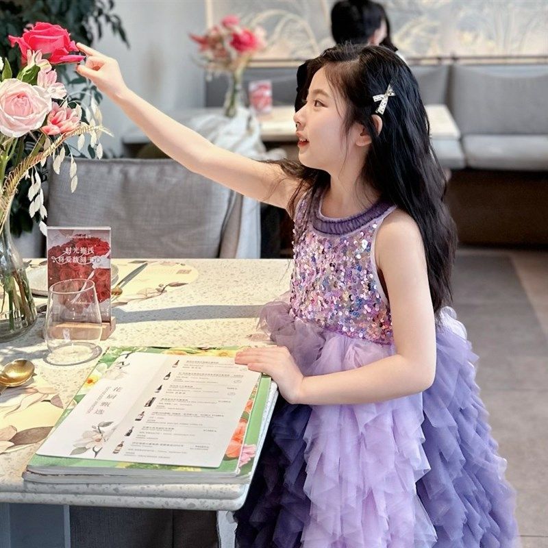 女童夏天裙子新款儿童亮片背心裙宝宝夏季洋气蓬蓬网纱裙小女孩款