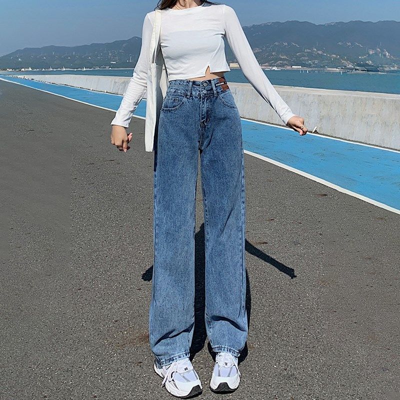 高腰阔腿裤白色牛仔裤女秋季2024新款女士加长宽松直筒裤梨形裤子