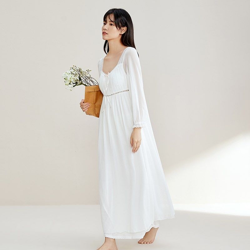 秋鹿蕾丝边梭织牛奶丝长袖睡裙女夏季v领丝绸长裙女款白色连衣裙,女士内衣/男士内衣/家居服,睡裙,淘宝优惠券,粉丝福利购,淘宝优惠卷