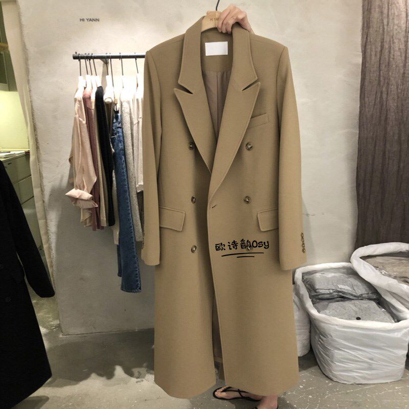 韩国东大门秋装新款气质女神范大衣双排扣黑色长款过膝西装外套女