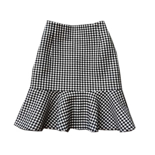 春秋新款黑白格鱼尾裙高腰半身裙右侧拉链荷叶边显瘦包臀裙裤裙子